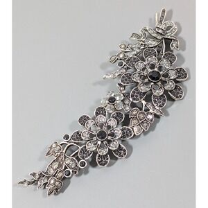 Elegant Large Floral Bouquet Brooch Black Gray Rhinestone Spray Double Clasp NR